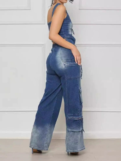 Multi-Pocket Wide Leg Pants Vintage Vest Set