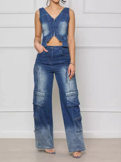 Multi-Pocket Wide Leg Pants Vintage Vest Set