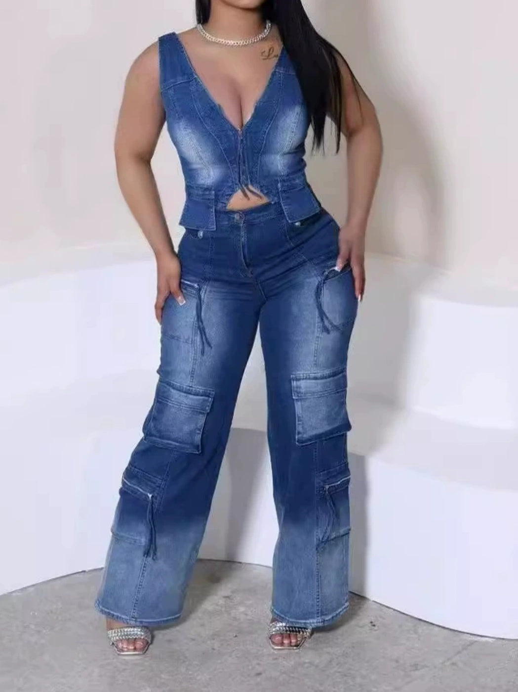 Multi-Pocket Wide Leg Pants Vintage Vest Set