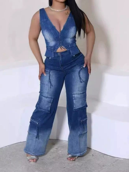 Multi-Pocket Wide Leg Pants Vintage Vest Set