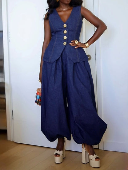 Sleeveless Vest Wide Leg Jeans Denim Set