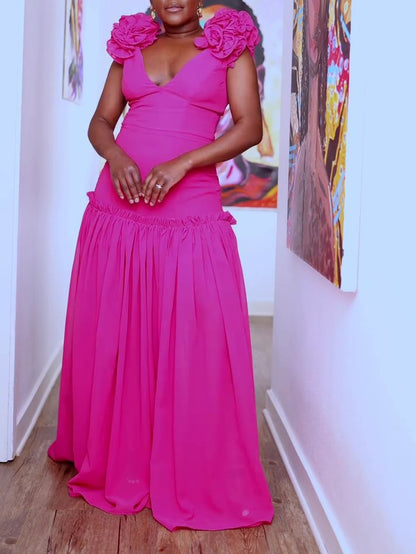 V-neck Sleeveless Shoulder Flower Chiffon Maxi Dress
