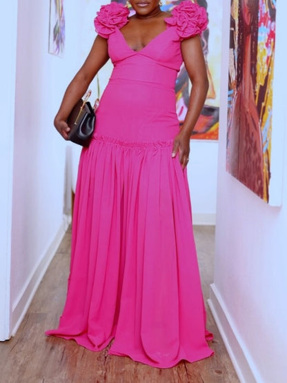 V-neck Sleeveless Shoulder Flower Chiffon Maxi Dress