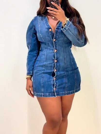 Barrel-Sleeve Denim Mini Dress
