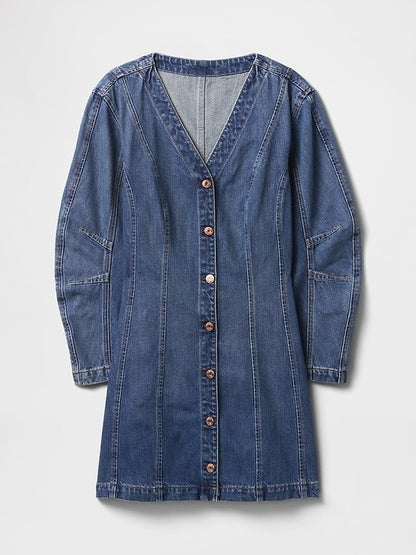 Barrel-Sleeve Denim Mini Dress