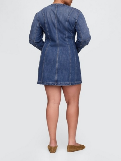 Barrel-Sleeve Denim Mini Dress