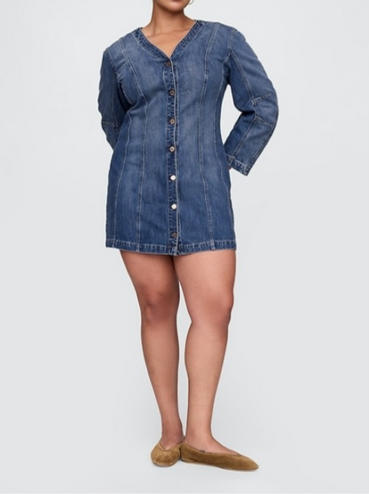 Barrel-Sleeve Denim Mini Dress