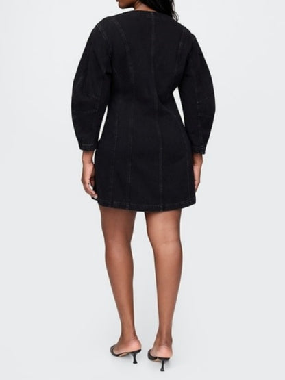 Barrel-Sleeve Denim Mini Dress
