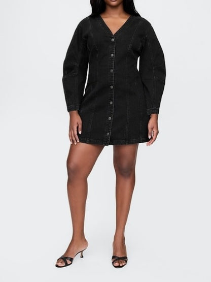 Barrel-Sleeve Denim Mini Dress