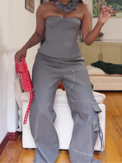 Grey Strapless Top Wide Leg Pants Two-Piece Set