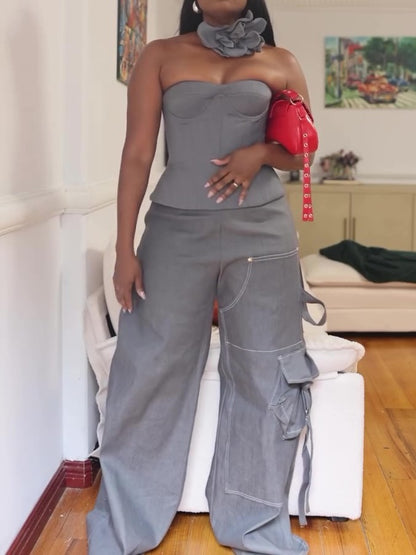 Grey Strapless Top Wide Leg Pants Two-Piece Set