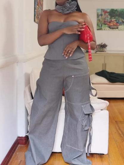 Grey Strapless Top Wide Leg Pants Two-Piece Set