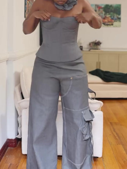 Grey Strapless Top Wide Leg Pants Two-Piece Set