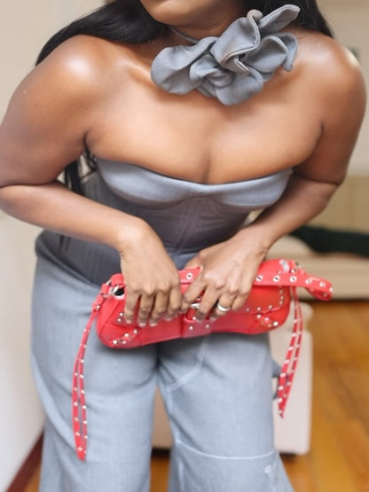 Grey Strapless Top Wide Leg Pants Two-Piece Set