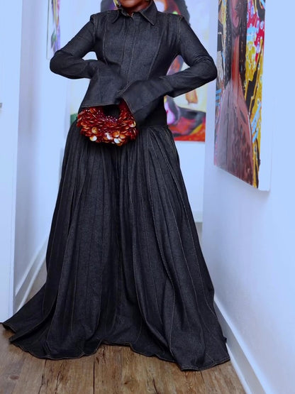 Pleated Flared Denim Dress