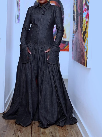 Pleated Flared Denim Dress