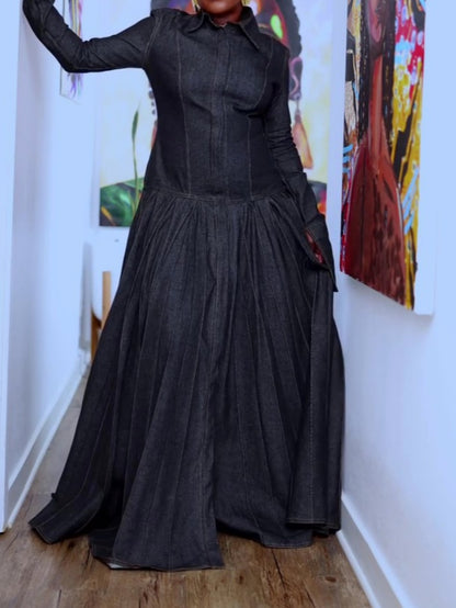 Pleated Flared Denim Dress