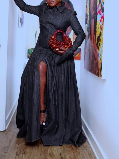 Pleated Flared Denim Dress