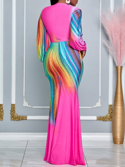 V Neck Peacock Long Sleeve Maxi Dress