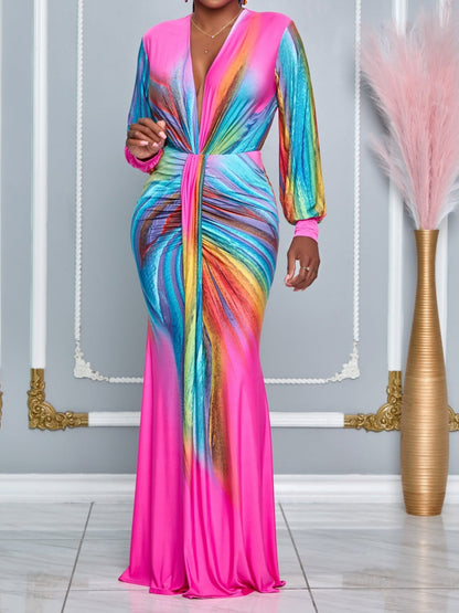 V Neck Peacock Long Sleeve Maxi Dress