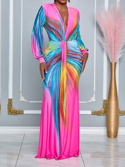 V Neck Peacock Long Sleeve Maxi Dress