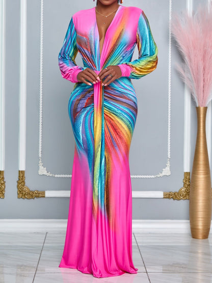 V Neck Peacock Long Sleeve Maxi Dress