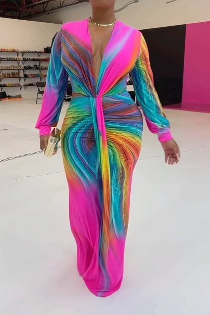 V Neck Peacock Long Sleeve Maxi Dress