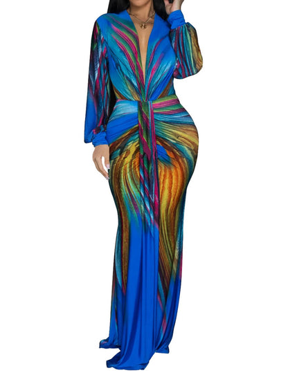 V Neck Peacock Long Sleeve Maxi Dress