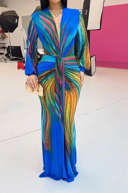 V Neck Peacock Long Sleeve Maxi Dress