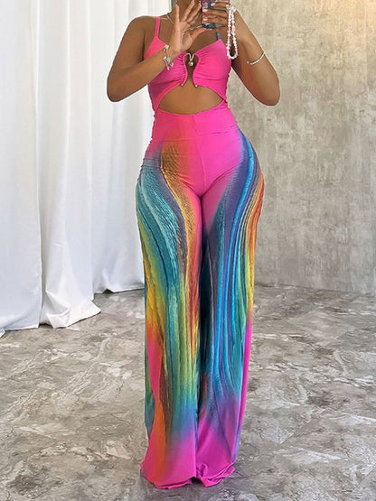 Skinny Backless Clashing Colour High Waisted Jumpsuit