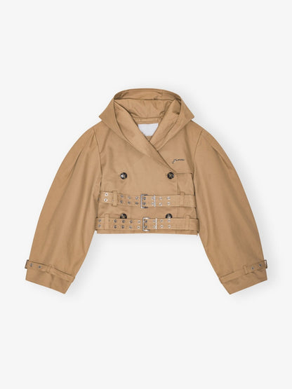 Camel Bonded Cotton Short Trench Jacket And Short Set