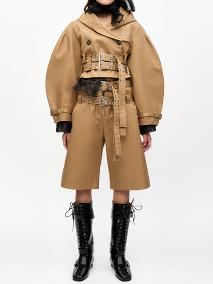 Camel Bonded Cotton Short Trench Jacket And Short Set