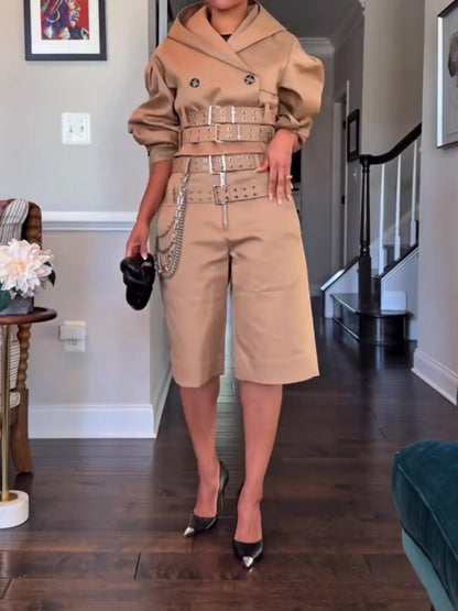 Camel Bonded Cotton Short Trench Jacket And Short Set