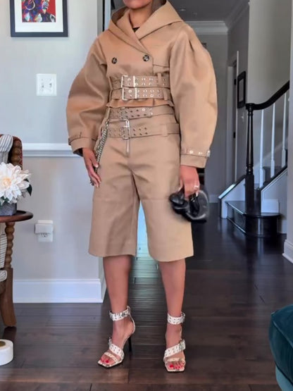 Camel Bonded Cotton Short Trench Jacket And Short Set