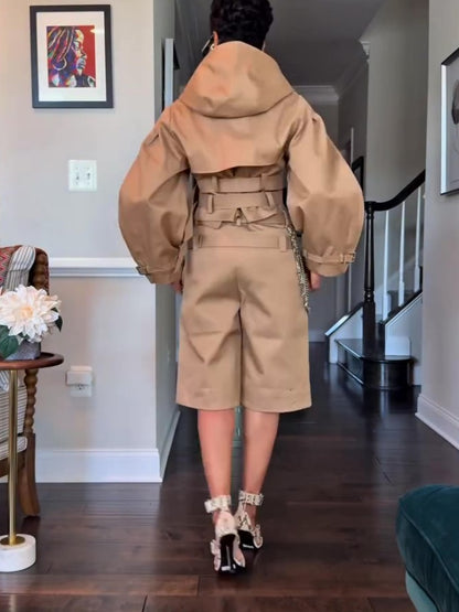 Camel Bonded Cotton Short Trench Jacket And Short Set