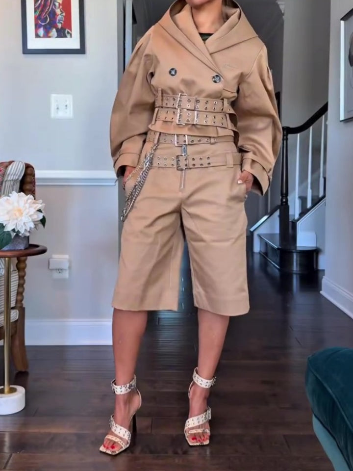Camel Bonded Cotton Short Trench Jacket And Short Set