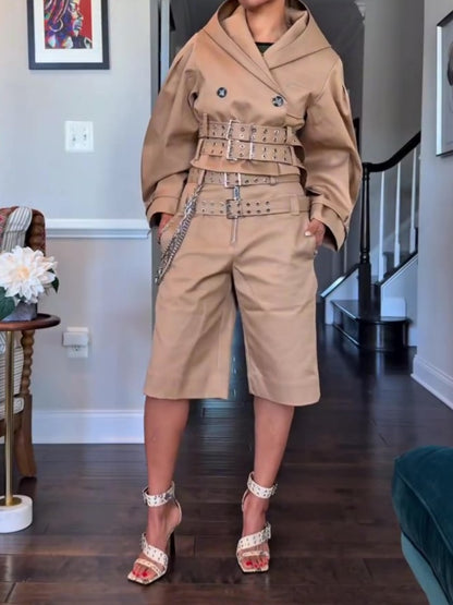 Camel Bonded Cotton Short Trench Jacket And Short Set