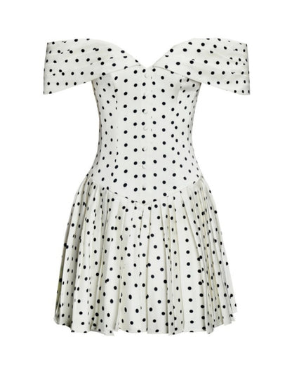 Polka Dot Off-shoulder Pleated Mini Dress
