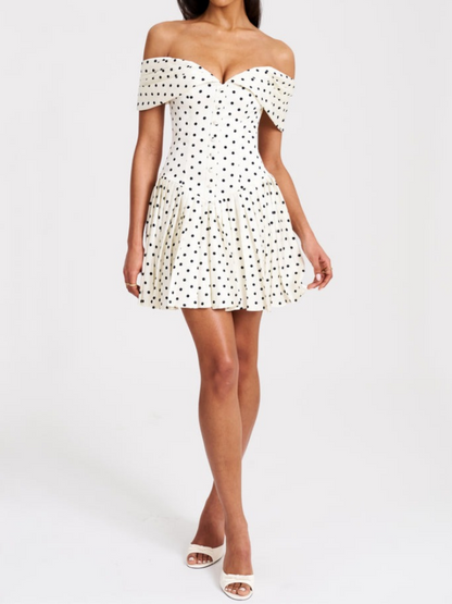 Polka Dot Off-shoulder Pleated Mini Dress
