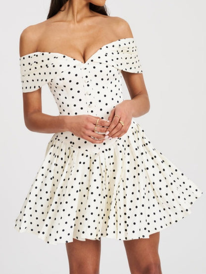 Polka Dot Off-shoulder Pleated Mini Dress