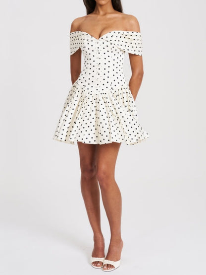 Polka Dot Off-shoulder Pleated Mini Dress