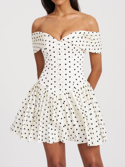 Polka Dot Off-shoulder Pleated Mini Dress