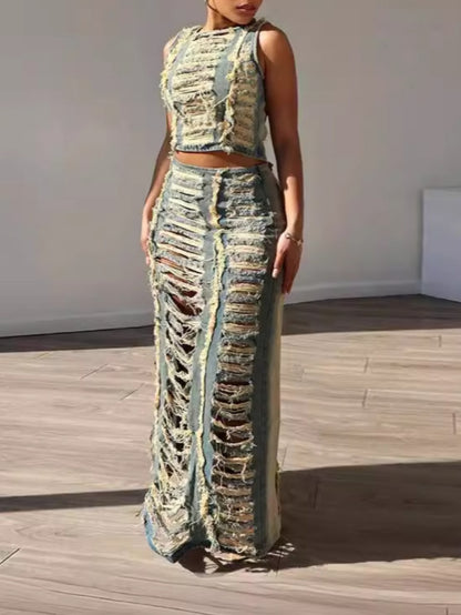 Denim Ripped Sleeveless Crop Tank Tops And Split Maxi Skirt Set