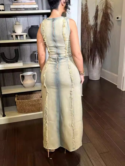 Denim Ripped Sleeveless Crop Tank Tops And Split Maxi Skirt Set