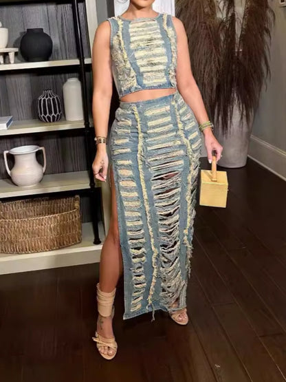 Denim Ripped Sleeveless Crop Tank Tops And Split Maxi Skirt Set