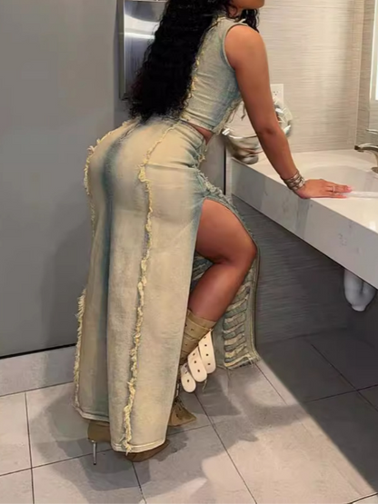 Denim Ripped Sleeveless Crop Tank Tops And Split Maxi Skirt Set