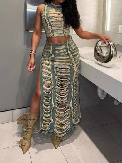 Denim Ripped Sleeveless Crop Tank Tops And Split Maxi Skirt Set