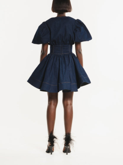 V-neck Waisted Denim Mini Dress