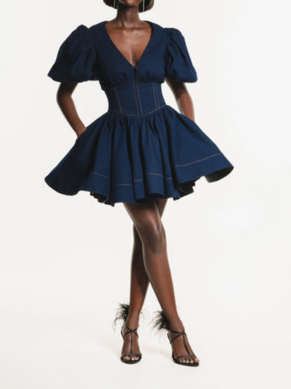 V-neck Waisted Denim Mini Dress