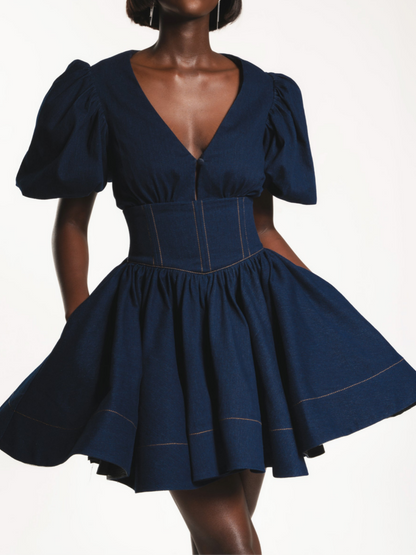 V-neck Waisted Denim Mini Dress